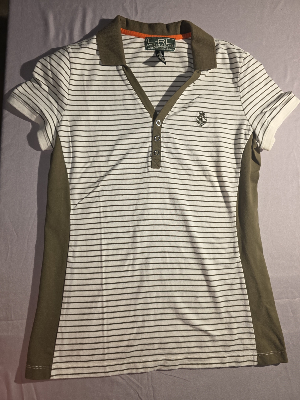 Lauren Ralph Lauren White & Olive Striped Polo Tee